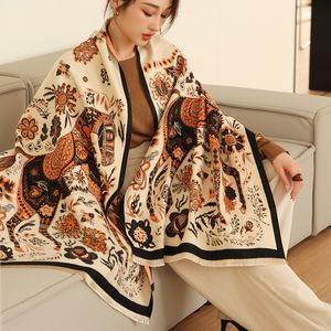 Scarves Thick Warm Winter Scarf Luxury Design Print Horse Women Cashmere Pashmina Shawl Lady Wrap Scarves Female Foulard Blanket Poncho 230717