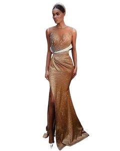 Sexy Gold Crystal beaded Mermaid Prom Dresses Luxury Sparkly Sequined Evening Gown Vintage High Side Split Formal Party Dresses