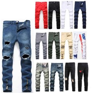 Men's Jeans Men Slim Stretch Black Embroidered Big Hole Denim Pants MultiZip White Pattern Multiple Styles Size 2842 230718