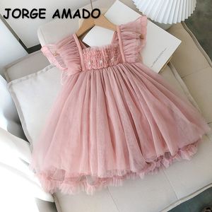 Summer Dress for Kid Girl Square Collar Kort flare ärmar Pink Open Back Butterfly Style Mesh Dress Children Clothing E6314