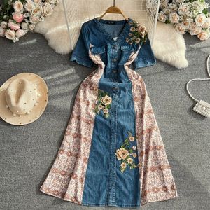 Summer haute couture vibe temperament short sleeved V-neck waistband slimming mid length A-line printed dress elegant long skirt