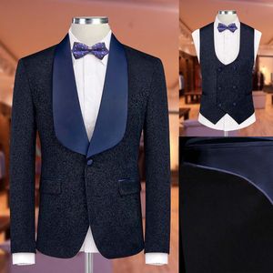 Navy Men Groom Wedding Tuxedos Slim Fit Floral Business Formal Professional Pants Suits Costume 3 Pieces Blazer