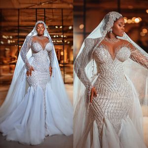 Luxury Beading Wedding Mermaid Dresses Vintage Full Sleeve Bridal Gowns Illusion Crystal Party Dress Vestido De Novia Plus Size