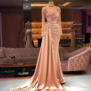 2022 Arapça Aso Ebi Lüks Boncuklu Denizkızı Prom Elbiseler Uzun Kollu Yüksek Boyun Saten Akşam Partisi Pageant Elbise İkinci R2847