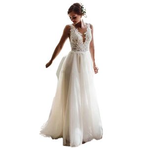 A-Line Beach Wedding Dresses Summer Boho Bride Dress With Detachable Train Backless Appliques Tulle Wedding Gowns Plus Size Flowers V-neck Lace