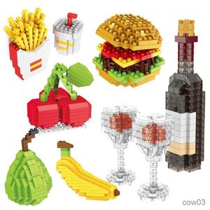 Block mini mat snabbmat fruktmodell byggstenar diy vin hamburgare pommes frites hund kaka pussel montering leksak pojke tjej gåva r230718