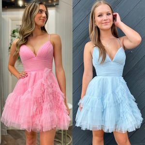 Glitter Tulle Homecoming Elbise 2K24 Fırfırlar Kısa Balo Pageant Resmi Kokteyl Etkinlik Partisi Pist Siyah-Tie Gala Düğün Konuk Hoco Elbise Pembe Işık Gökyüzü Mavi