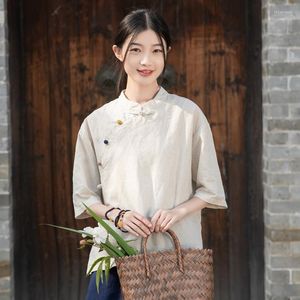 Ethnic Clothing Women Cheongsam Modern Style Tops Casual Loose Linen T-shirt Zen Blouse Traditional Chinese Oriental Fashion Tang