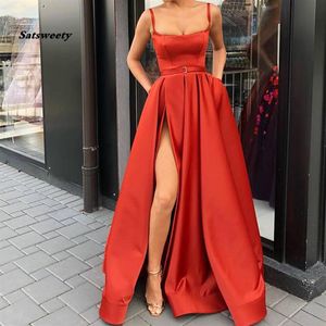 Evening Dresses Custom Made Square Collar A-Line Spaghetti Straps Satin High Slit Formal Gowns with Pockets288K