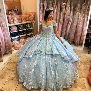 Vestido de baile ombro a ombro azul céu apliques de miçangas coloridas cristal 3D flor vestido quinceanera princesa doce 16 vestidos de 15 anos