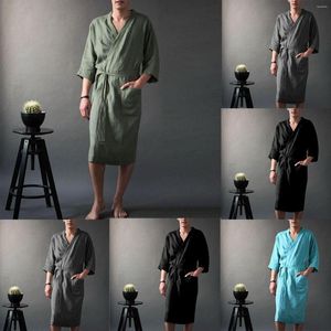 Mäns sömnkläder plus storlek Spring Summer Men Robes Par Nightrown Bathrobe Cotton Linen Thin Cardigan Three-Biler Sleeve Robe Pyjama