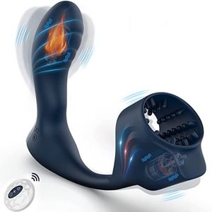 Anal Toys Heating Vibrator Prostate Massager With Penis Sleeve Anal Butt Plug Remote Masturbation Male Cock Ring Sex Toys For Men Couple 230718