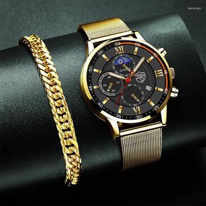 Orologi da polso Orologi sportivi da uomo Orologio da polso al quarzo con cinturino in maglia di acciaio inossidabile da uomo d'affari Calendario Orologio luminoso con cinturino in oro maschile