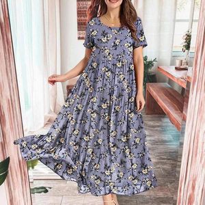 Casual Dresses Women Summer Dress Flower Print A-Line Loose Hem Pleated Short Sleeve Ankle Length Lady Beach Maxi kläder