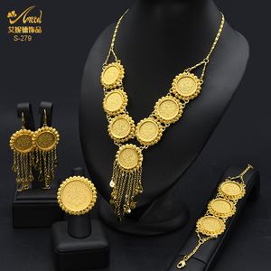 Bröllopsmycken set aniid Dubai Gold Plated Coin Necklace Armband Smyckesuppsättningar för kvinnliga afrikanska etiopiska brudbröllop Luxury Jewelery Gifts 230717