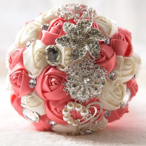 Decorative Flowers Bridal Rose Bouquets Rhinestone Holding Hydrangea Ribbon Flower For Bridesmaid Party Wedding Gift Supplies