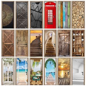 Wall Stickers Multi Style 3D Door Self Adhesive PVC Poster Wood Grain Cover Sticker Apartment Home Fridge Art Mural Decor 230717