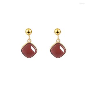 Stud Earrings ES596 ZFSILVER S925 Silver Korean Fashion Trendy Hetian Jade South Red Agate Dangle Square Jewelry Women Match-all Girl