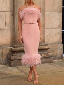 Party Dresses Length Pink Prom Feathers Stylish Satin Arabic Dubai Strapless Short Evening Cocktail Occasion Dress Gown