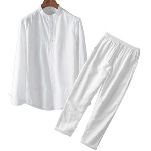 Fatos de treino masculino branco premium algodão linho camisa calças roupas conjuntos de linho masculino 2 peças camisas de manga longa/curta calças de yoga ternos de casamento de praia 230717