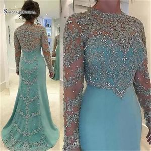 2019 Mint Green Vintage Sheath Prom Dresses Long Sleeve Beads Long Sleeves Appliqued Evening Party Gown274Z