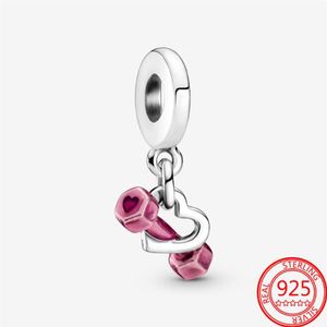 Annat 100% 925 Sterling Silver Pink Dabbell Heart Dangle Charm Fit 3mm Armband S925 DIY SMEEXKE GIFT GIRL256F