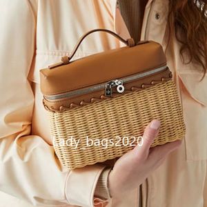 Loro Piana Lunch Box Bag Bamboo Woven L19 LP Women L21 Bags Luxury Designer Makeup Handbags Genuine Ostrich Leather Knit Canvas Stranded Handbag Large Tote