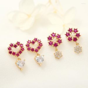 Dangle Earrings Korean Elegant Red Heart Shape Drop For Women Charm Sweet Zircon Gold Color Jewelry Anniversary Gift