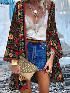 Kobieta T -T -THIRT Zanzea Bohemian Women Beach Cardigan Summer Floral Printed Bluzja Kimono Vintage Otwarte przednie tunik