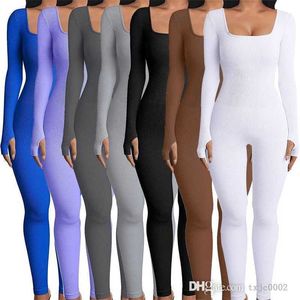Kvinnors jumpsuits 2023 Spring modekläder Låg krage långärmad eleganta bodysuits Ribbed stickad fast färg yogapåsar