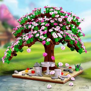 Bloki Mini Tree House Builds DIY Pink Cherry Blossom Plant Flossom Flows and Grass Model Ornaments Zetonowany prezent zabawek dla dzieci R230718