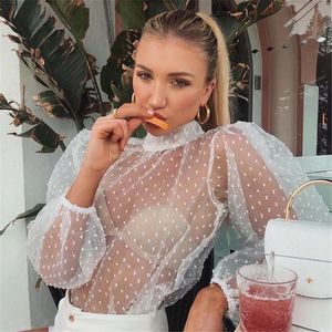 Summer Fashion Women Polka Dot Mesh Sheer See-through Tops Bikini Cover-Ups Puff Long Sleeve Blouse Shirts Beachwear Loose Top