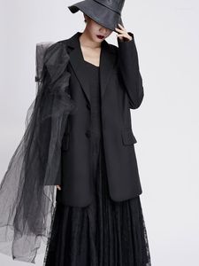Kadınlar Suits Kadınlar Blazer Düzensiz Mesh Eklenmiş Tek Göğüslü Uzun Kollu Bayanlar Siyah Takım Ceket gevşek Kadınlar Ceket