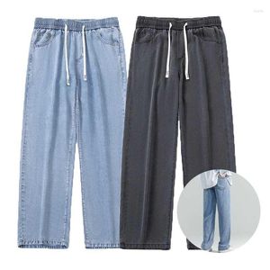 Herr jeans lyocell lätt sommarmens byxor raka elastiska män baggy löst fit denim byxor vintage hip hop streetwear