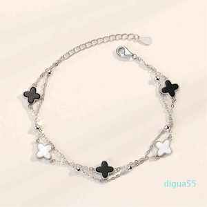 fashion 925 Sterling Silver Four-leaf Clover Agate Seashell Charm Bracelet225k