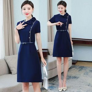 Abiti casual Abito professionale Elegante moda estiva Temperamento blu scuro Stile coreano Negozio di fascia alta Abiti da lavoro per saloni di bellezza Cintura