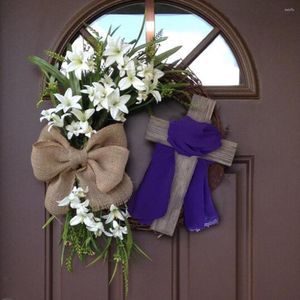 Decorative Flowers Easter Day Wreath Cross Decor Bow-knot Vine Circle Realistic Flower Hanging Decoration Purple Scarf Spring Party