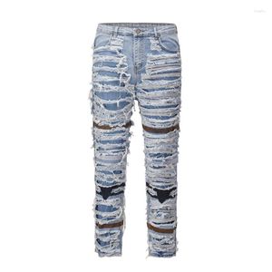Mäns jeans mode hi street förstörd med lappar streetwear rippade denim byxor smala passform stretchy nödställda byxor