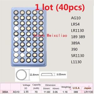 40PCS 1 LOT AG10 LR54 LR1130 189 389 389A 390 SR1130 L1130 1 55VアルカリボタンセルバッテリーコインバッテリートレイパッケージSHI216V