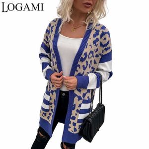 Kvinnors tröjor Logami Leopard Print Sweater Long Color-Block Cardigan Sweaters Women Vintage Knitwear Coat L230718