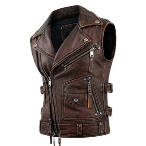 男性Sレザーフェイクヴィンテージ茶色のオートバイのベストメンズナチュラルカウハイド本物のジャケットの袖なしライディングベストモーターバイカージャケット230718