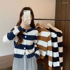Women's Knits Simple O-Neck Knitted Tops Women Autumn Winter Long Sleeve Stripped Single Breasted Cardigan Casual Slim Female Sweaters