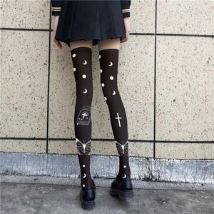 Women Socks Black Printed Lolita Stockings Thigh High Japanese Cute Print Over The Knee Student Loli Girl Pumpkin