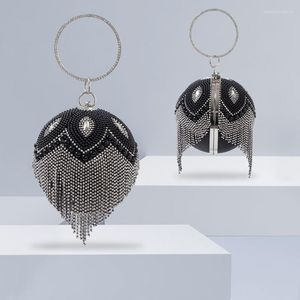 Evening Bags Women Luxury Handbags Fine Rhinestone Tassel Designer Round Ball Clutches Circles Ring Femme Party Purses