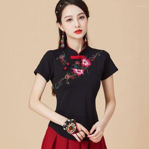 Ethnic Clothing Cheongsam Womens Plus Size Tops 2023 Summer Fashion Cotton Blend Embroidery Stand Collar Short Sleeve Chinese Style Qipao