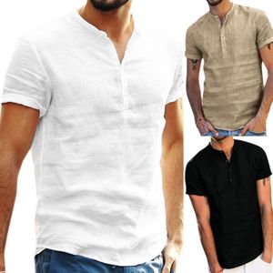 Men's Casual Shirts Summer Short-Sleeved Linen Hip T-Shirt With Stand-Up Collar Soild Shirt Buiness Top