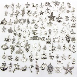 Mixed 100 Designs Sea Turtle Sapo Sereia Caranguejo Crocodilo Polvo Osso de Peixe Tema Náutico Encantos Pingentes Para DIY Colar Bang276s