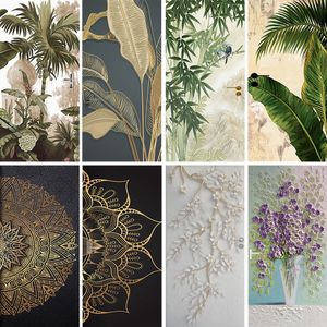 Wall Stickers Retro Green Leaves Palm Door Wallpaper Sticker Adhesive PVC Mandala Relief Flower Mural Cover for Living Room Decorations 230717