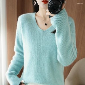 Suéter Feminino Suéter de Caxemira Leve Feminino Pulôver com Decote em V 2023 Outono/Inverno Moda Solto Tops de Lã Pura Casual Coreano