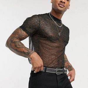 Men's T Shirts European American Men Sexy Perspective Shirt Shiny Breathable Mesh Short Sleeved Nightclub Party Top Night Performance